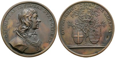 Savoia. Personaggi. Medaglia Carlo i Duca di Savoia per il Dono di Cipro al Ducato. Ae 50mm. Rara...