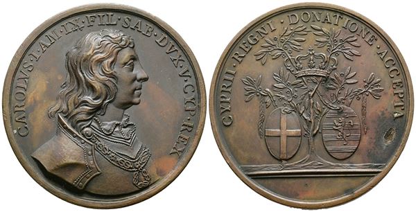 PERSONAGGI. Medaglia Carlo I il Guerriero, duca di Savoia per il dono di Cipro al ducato. Opus: Lavy. AE 50mm. RARA. Mancanza al R/