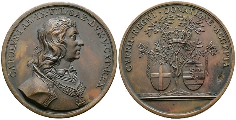 Savoia. Personaggi. Medaglia Carlo i Duca di Savoia per il Dono di Cipro al Ducato. Ae 50mm. Rara...