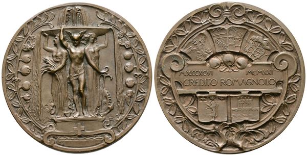 Medaglia Credito Romagnolo nel XXV Anniversario della Fondazione, 1921. Stemmi di Forlì Bologna Ravenna Faenza Rimini.AE 44 mm  - Asta MONETE E MEDAGLIE MODERNE, CONI, PUNZONI E RARITÀ MASSONICHE - Bertolami Fine Art - Casa d'Aste