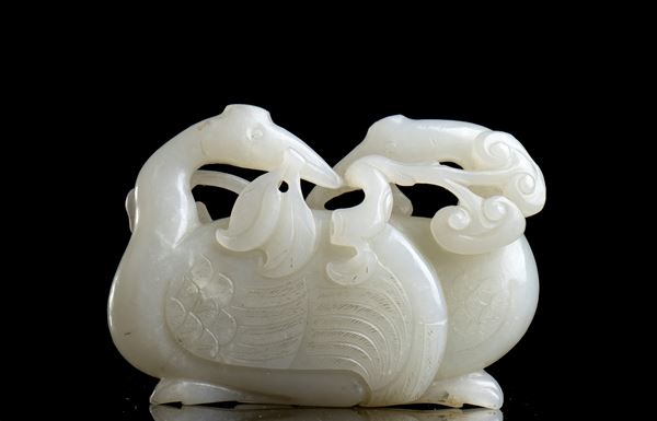 A JADE CARVING WITH TWO CRANES