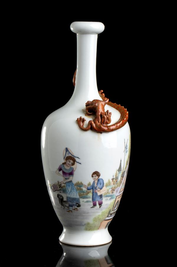 A POLYCHROME ENAMELLED PORCELAIN BOTTLE VASE