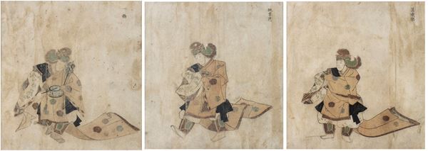 THREE POLYCHROME WOODBLOCK PRINTS WITH ACTORS OF THE BUGAKU THEATER