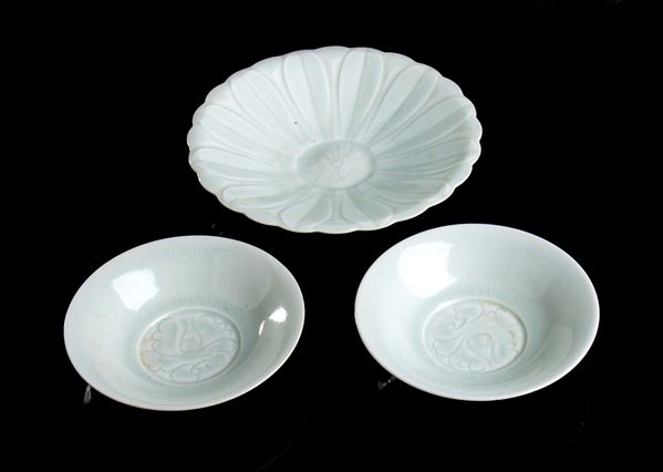 THREE SMALL QINGBAI GLAZED PORCELAIN DISHES