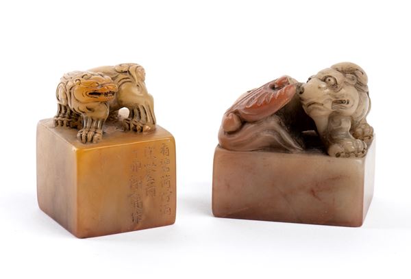 TWO STONE SEALS WITH BUDDHIST LION FINIAL