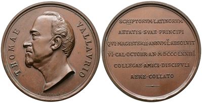 Personaggi. Tommaso Vallauri (1805-1897). Medaglia 1873 per i 50 Anni di Insegnamenti. Ae; 61mm F...