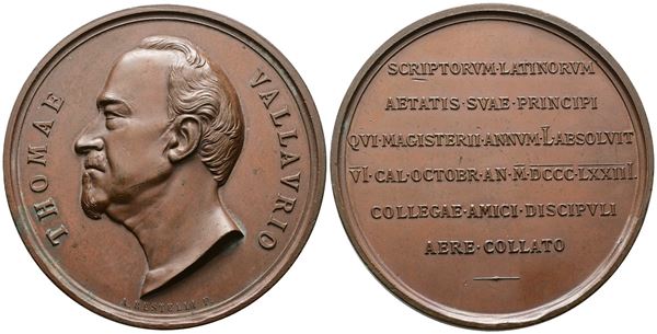 PERSONAGGI. TOMMASO VALLAURI (1805-1897). Medaglia 1873 per i 50 anni di insegnamenti. Ae; 61mm
