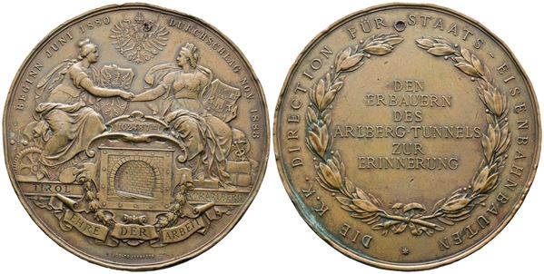 AUSTRIA. Francesco Giuseppe (1848-1916) Medaglia 1883 Completamento lavori galleria - Opus: Tautenhayn AE (g 133 - Ø 70 mm) Tentativo di foro, colpi diffusi, ossidazioni