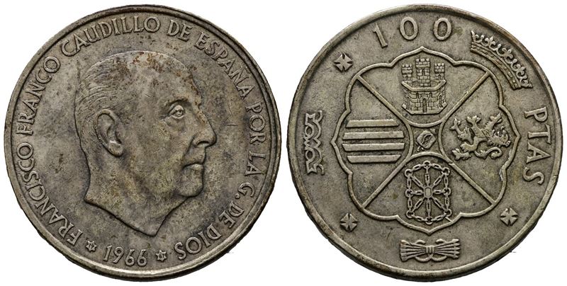 Spagna. 100 Pesetas 1966 (19,01 G, 34,25 MM)