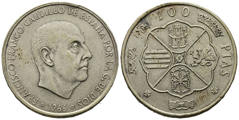 Spagna. 100 Pesetas 1966. Ag (19,40 G; 34,19 MM)
