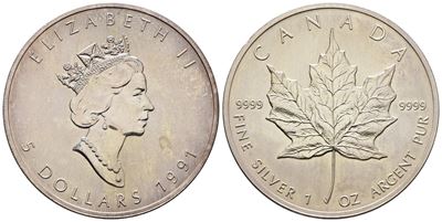 Canada. Elisabetta II (1952-2022). 5 Dollari 1991. Ag (31,36 G; 37,99 MM)
