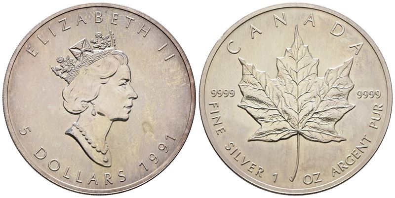 Canada. Elisabetta II (1952-2022). 5 Dollari 1991. Ag (31,36 G; 37,99 MM)