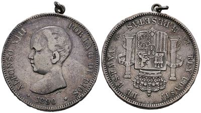 Spagna. Alfonso XIII (1885-1931). 5 Pesetas 1890. Ag (25,16 G; 37,47 MM) Montata con Ciondolo