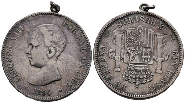 SPAGNA. Alfonso XIII (1885-1931). 5 pesetas 1890. Ag (25,16 g; 37,47 mm) MONTATA CON CIONDOLO