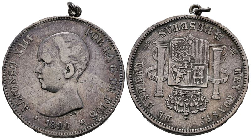 Spagna. Alfonso XIII (1885-1931). 5 Pesetas 1890. Ag (25,16 G; 37,47 MM) Montata con Ciondolo