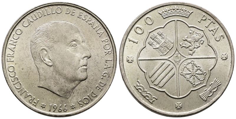 Spagna. 100 Pesetas 1966. Ag (18,93 G; 34,21 MM)