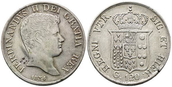 NAPOLI. REGNO DELLE DUE SICILIE. Ferdinando II di Borbone (1830-1859). Piastra da 120 grana 1834. Ag (27,32 g; 37,57 mm). Gig. 58