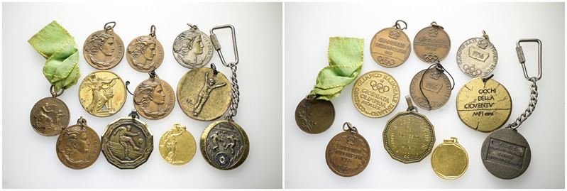 Lotto di 11 medaglie moderne a soggetto Sportivo in vari metalli, pesi e dimensioni