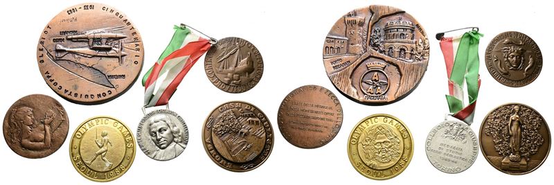 Italia. Lotto di 7 Medaglie Sportive ed Artistiche, XX Secolo. Dimensioni e Metalli Vari.