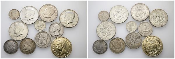 Lotto di 11 monete di cui 10 in Ag e una riproduzione di un 100 lire 1891 in Al dorato. Titolo e peso vario.