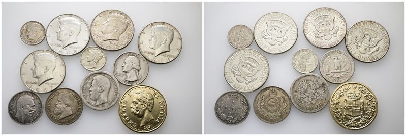 Lotto di 11 monete di cui 10 in Ag e una riproduzione di un 100 lire 1891 in Al dorato. Titolo e ...