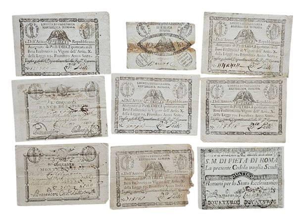 ROMA. lotto di 9 banconote varie della I Repubblica Romana, Sacro Monte di Pietà, Banco di Santo Spirito. Si segnala un raro 4 scudi del S.Monte di Pietà del 1795. Conservazioni varie.