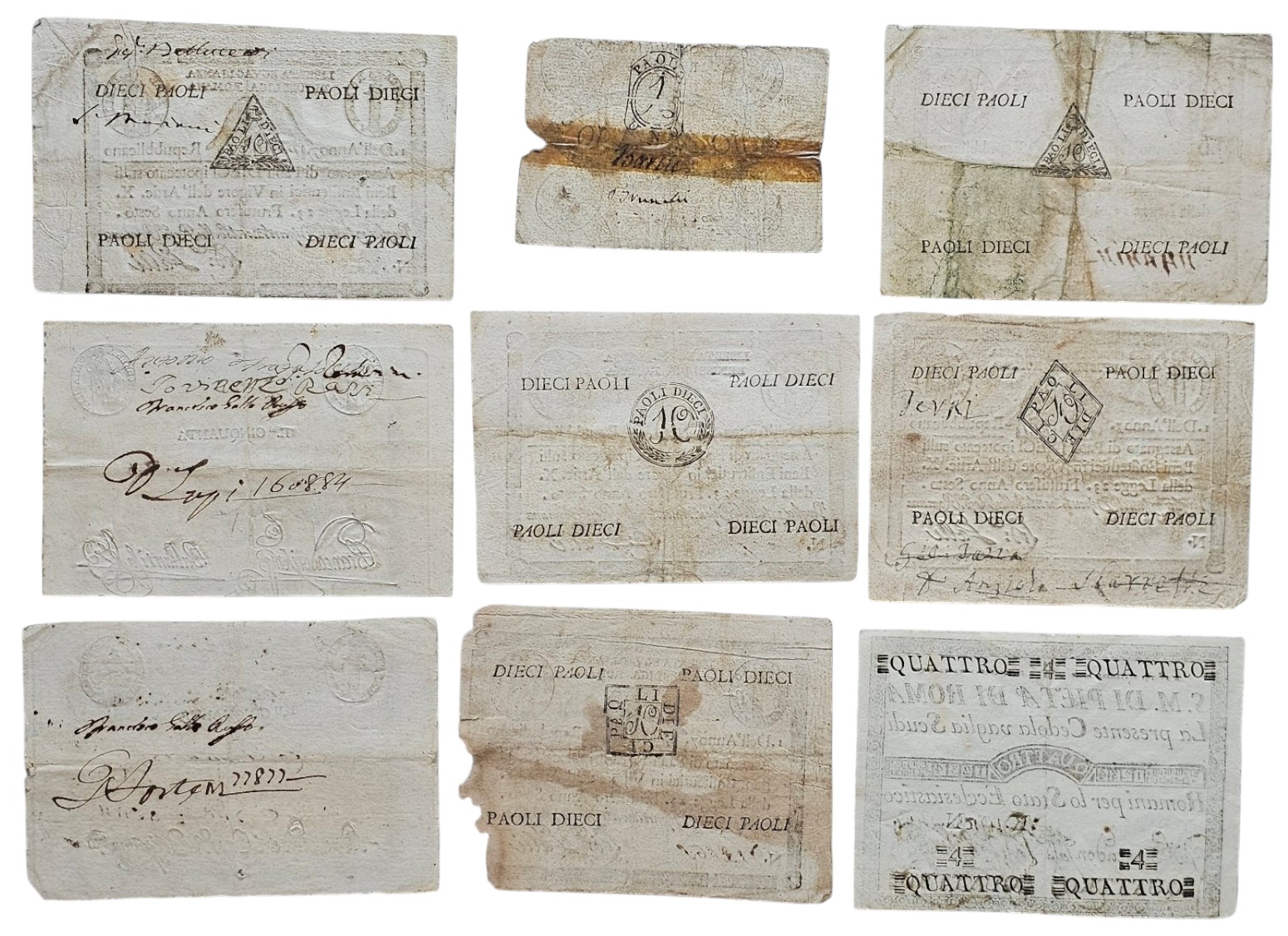 ROMA. lotto di 9 banconote varie della I Repubblica Romana, Sacro Monte di Pietà, Banco di Santo ...