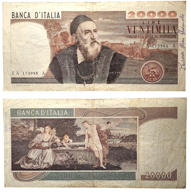 REPUBBLICA ITALIANA. 20000 lire 1975 "Tiziano". Scritta