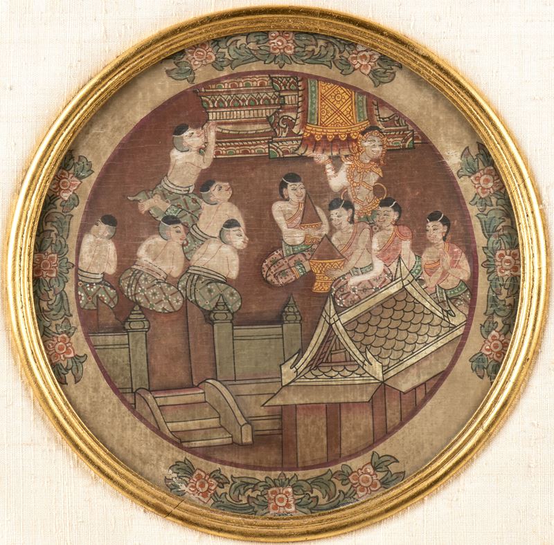 DIPINTO A COLORI SU TESSUTO CON BUDDHA E DEVOTI