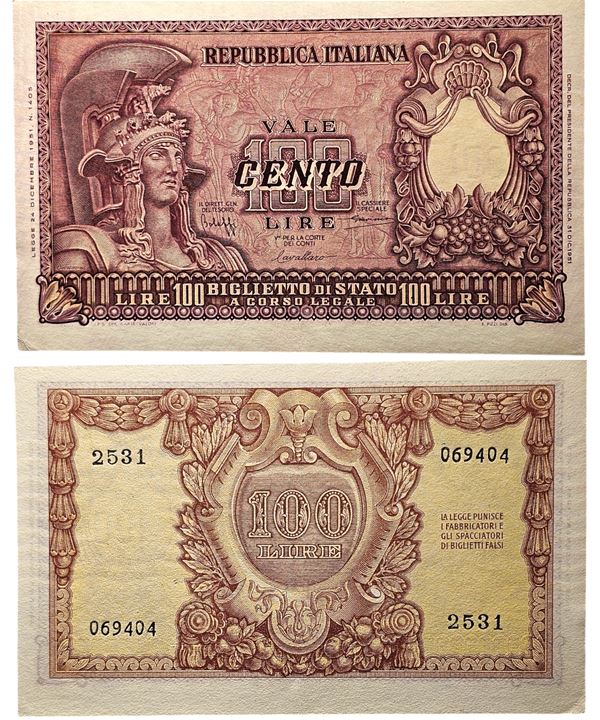 REPUBBLICA ITALIANA. 100 lire "Minerva" 1951.