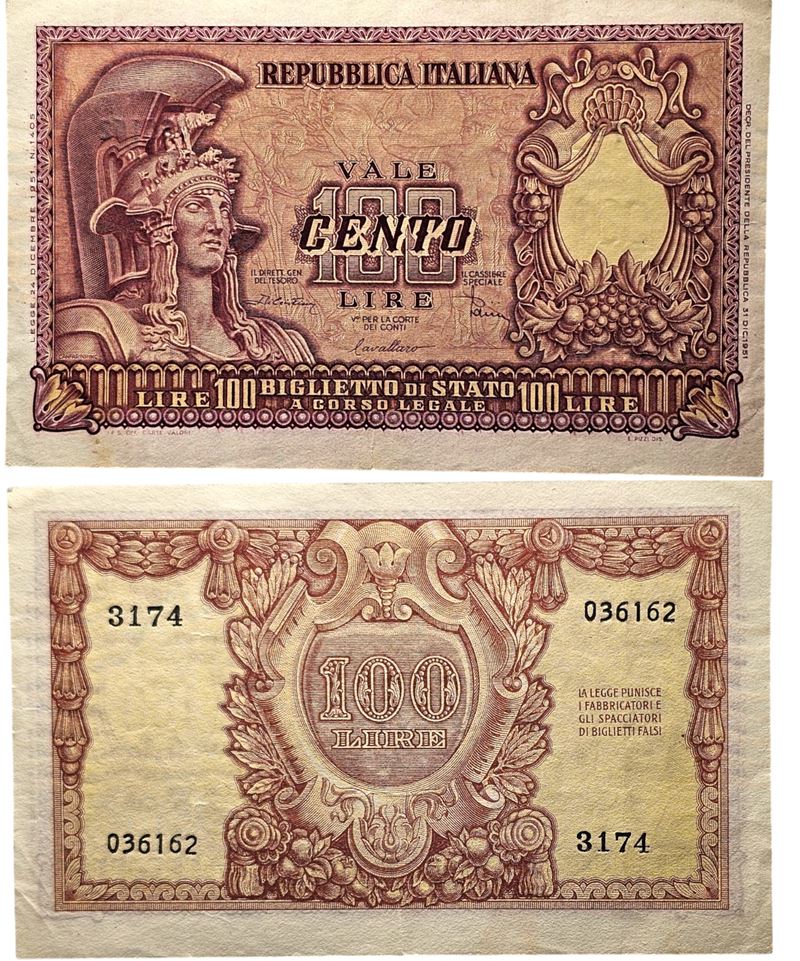 REPUBBLICA ITALIANA. 100 lire 'Minerva' 1951.