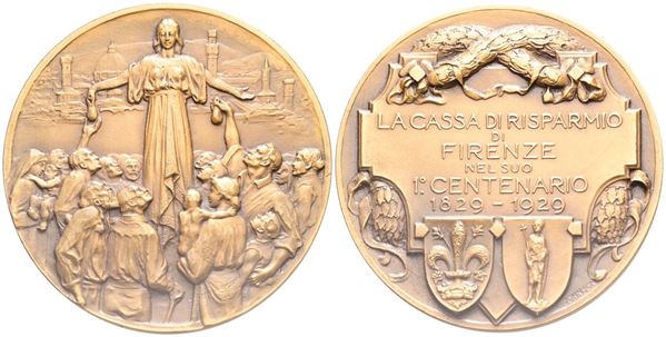 FIRENZE. Medaglia centenario Cassa di risparmio di Firenze 1829-1929. Ae. 60mm. FDC, in astuccio originale Johnson Milano.