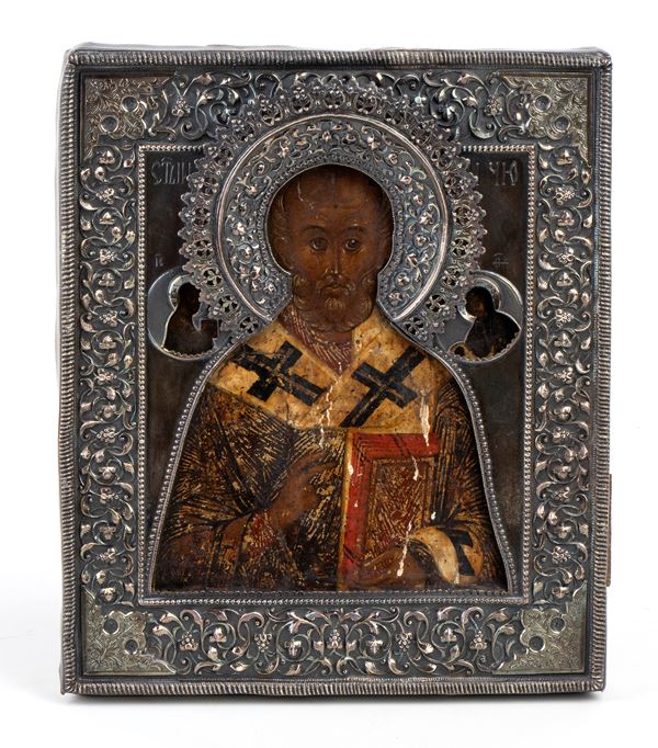 Russian Icon depicting Saint Nicola the Thaumaturge with silver riza 