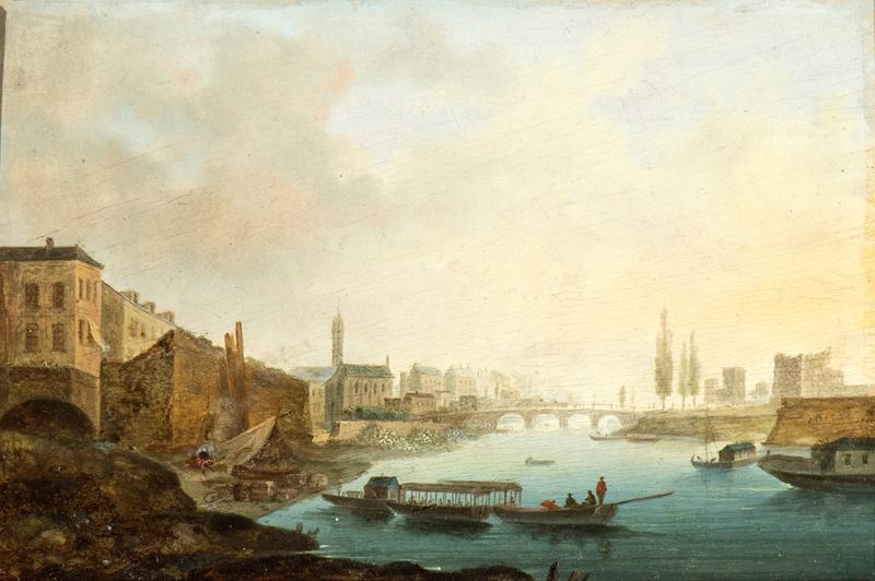 Hendrik Frans Van Lint - Veduta Cittadina con Fiume, Imbarcazioni e Ponte sullo Sfondo