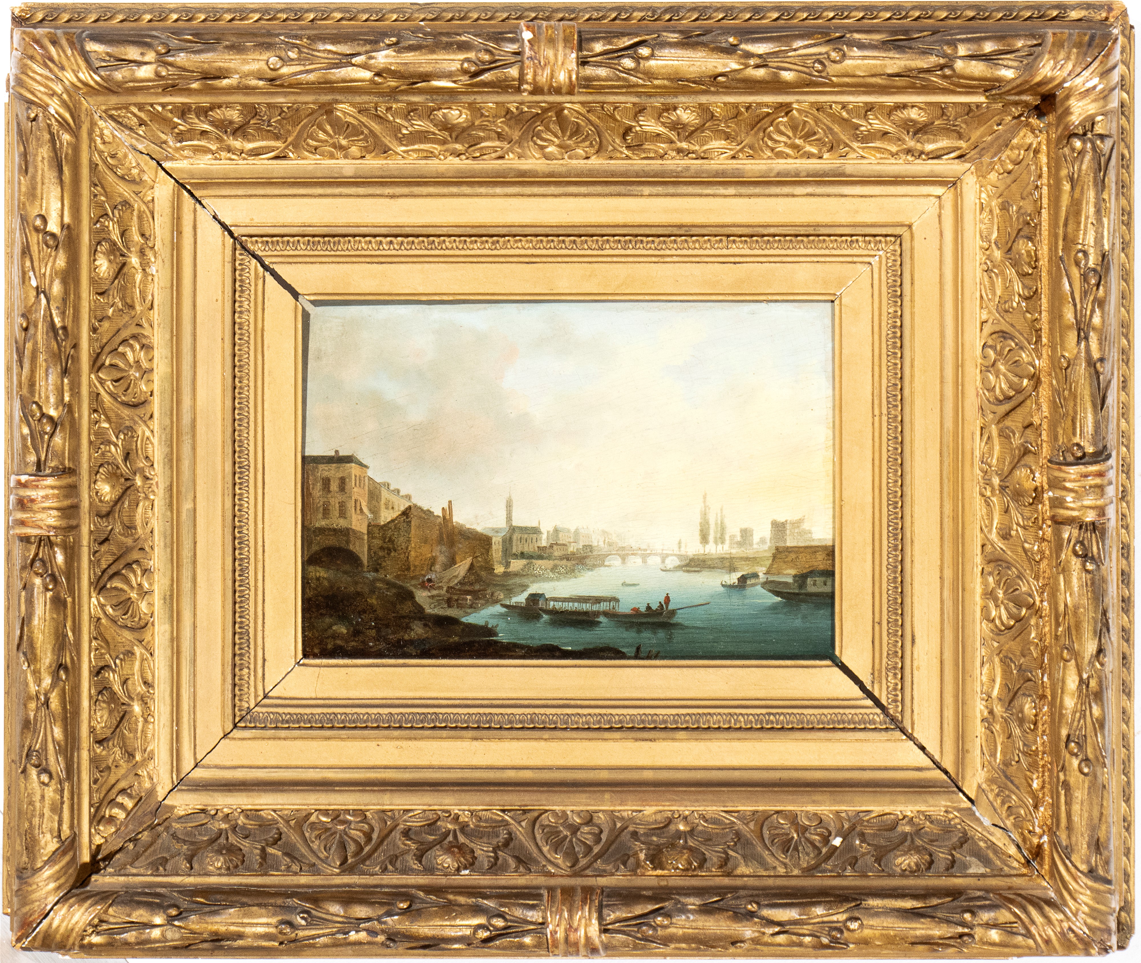 Hendrik Frans Van Lint - Veduta Cittadina con Fiume, Imbarcazioni e Ponte sullo Sfondo