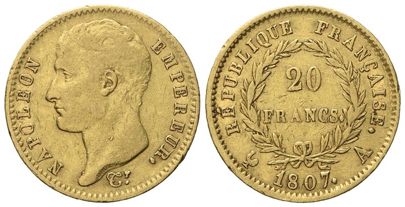 Francia. Parigi. Napoleone i Imperatore (1804 - 1814). 20 Franchi 1807. Au (6,46 G; 20,9 MM)