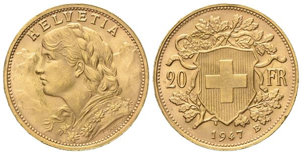 SVIZZERA. 20 franchi 1947 B. Au (6,46 g; 20,8 mm)  - Asta Monete e medaglie medievali e moderne italiane ed estere - Bertolami Fine Art - Casa d'Aste