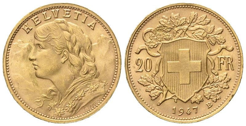 Svizzera. 20 Franchi 1947 B. Au (6,46 G; 20,8 MM)