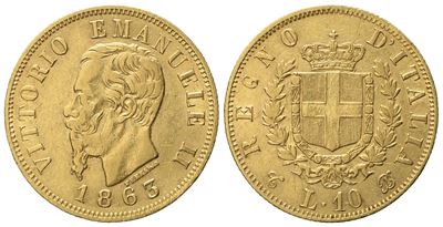 Regno D'italia. Torino. Vittorio Emanuele II (1861 - 1878). 10 Lire 1863. Au (3,21 G; 18,3 MM).