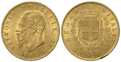 Regno D'italia. Torino. Vittorio Emanuele II (1861 - 1878). 20 Lire 1865. Au (6,46 G; 20,8 MM).