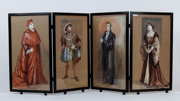 Gertrude Demain Hammond - Four-panel screen decorated with characters from Shakespeare&#39;s &quot;Henry VIII&quot;