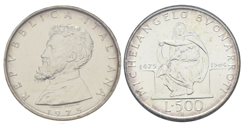 Repubblica Italiana. 500 Lire V Centenario Nascita di Michelangelo 1975. in Confezione di Zecca.