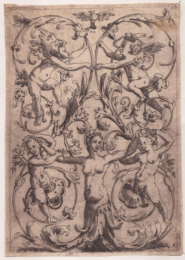 Agostino Veneziano (Agostino dei Musi) - Ornamental panel with four putti and a woman