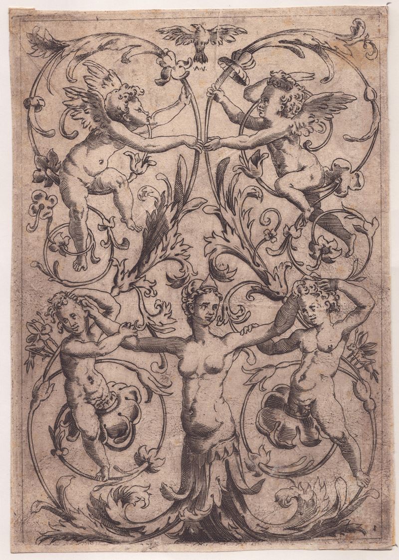 Agostino Veneziano (agostino dei Musi) - Pannello Ornamentale con Quattro Putti e una Donna