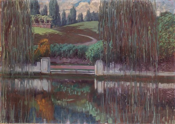 TEODORO WOLF FERRARI - Paesaggio lacustre con alberi