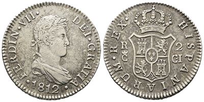 Spagna. Ferdinand VII (1808-1833), 2 Reales 1812; Cadiz. Ci Ag (6,03 G; 27 MM). Km 460.1.