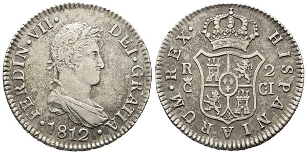 SPAGNA. Ferdinand VII (1808-1833), 2 Reales 1812; CADIZ. CI Ag (6,03 g; 27 mm). KM 460.1.