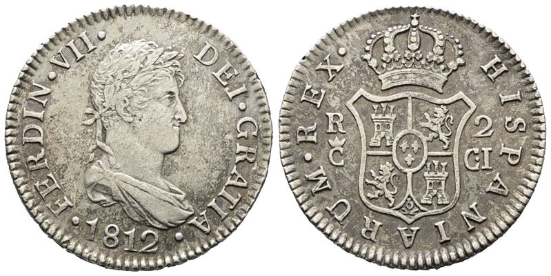 Spagna. Ferdinand VII (1808-1833), 2 Reales 1812; Cadiz. Ci Ag (6,03 G; 27 MM). Km 460.1.