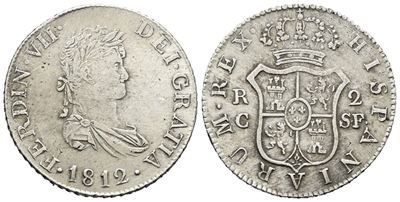 Spagna. Ferdinand VII (1808-1833), 2 Reales 1812; Catalogna (coniata a Majorca) Ag (5,52 G; 26 MM...