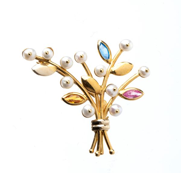 Multicolour stones pearl gold brooch